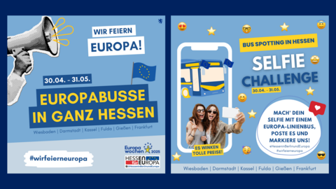 Europabusse in ganz Hessen Zwei Infokacheln nebeneinander zum Gewinnspiel über die Europabusse.